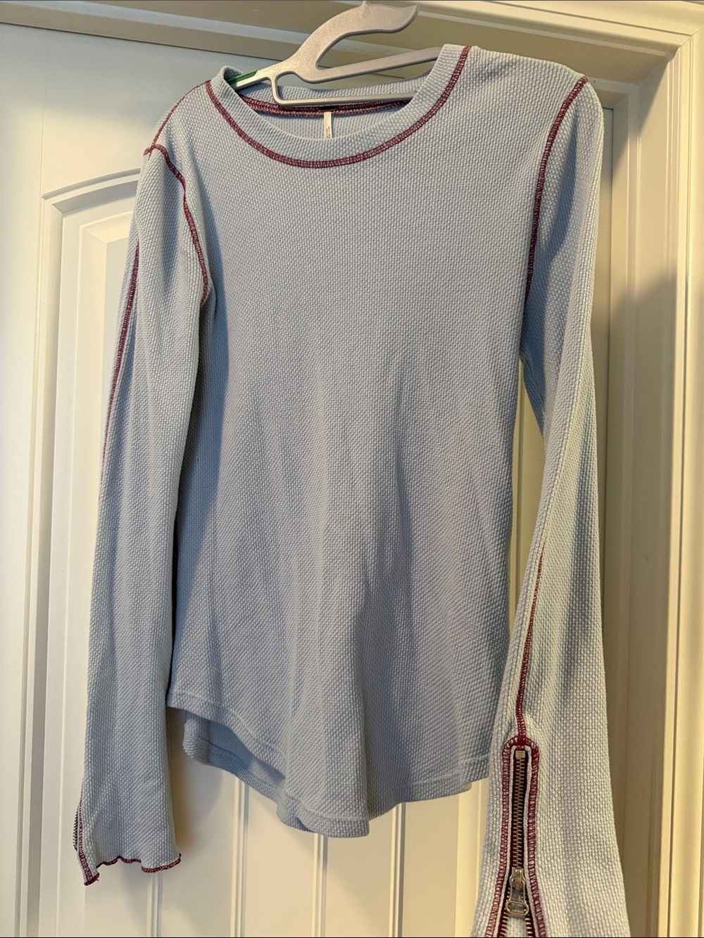 Free People Light Blue Long Sleeve Thermal Top with Burgundy Stitching